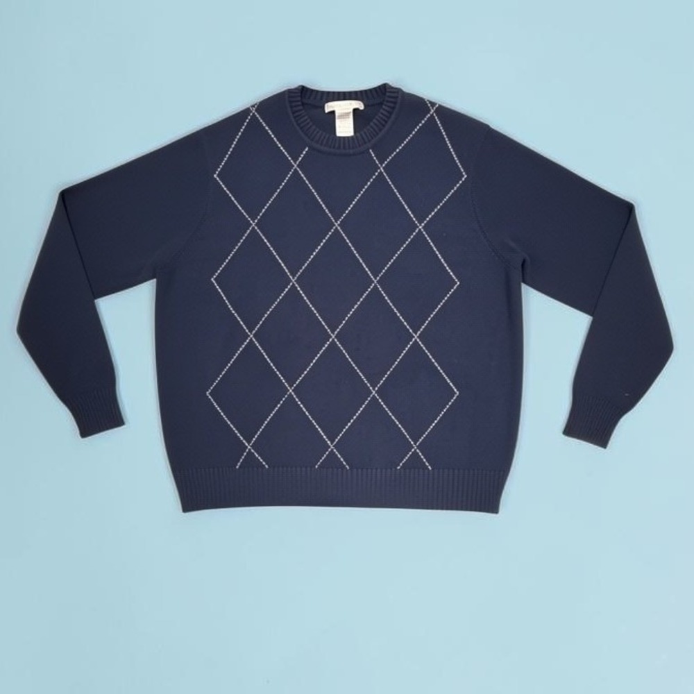 Geoffrey Beene Mens Navy Blue Argyle Cotton Crewneck Sweater Large Long Sleeve - Picture 1 of 10